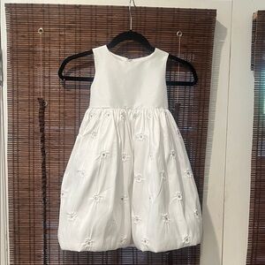 White Sleeveless Floral Embroidered Bubble Hem Kids Dress